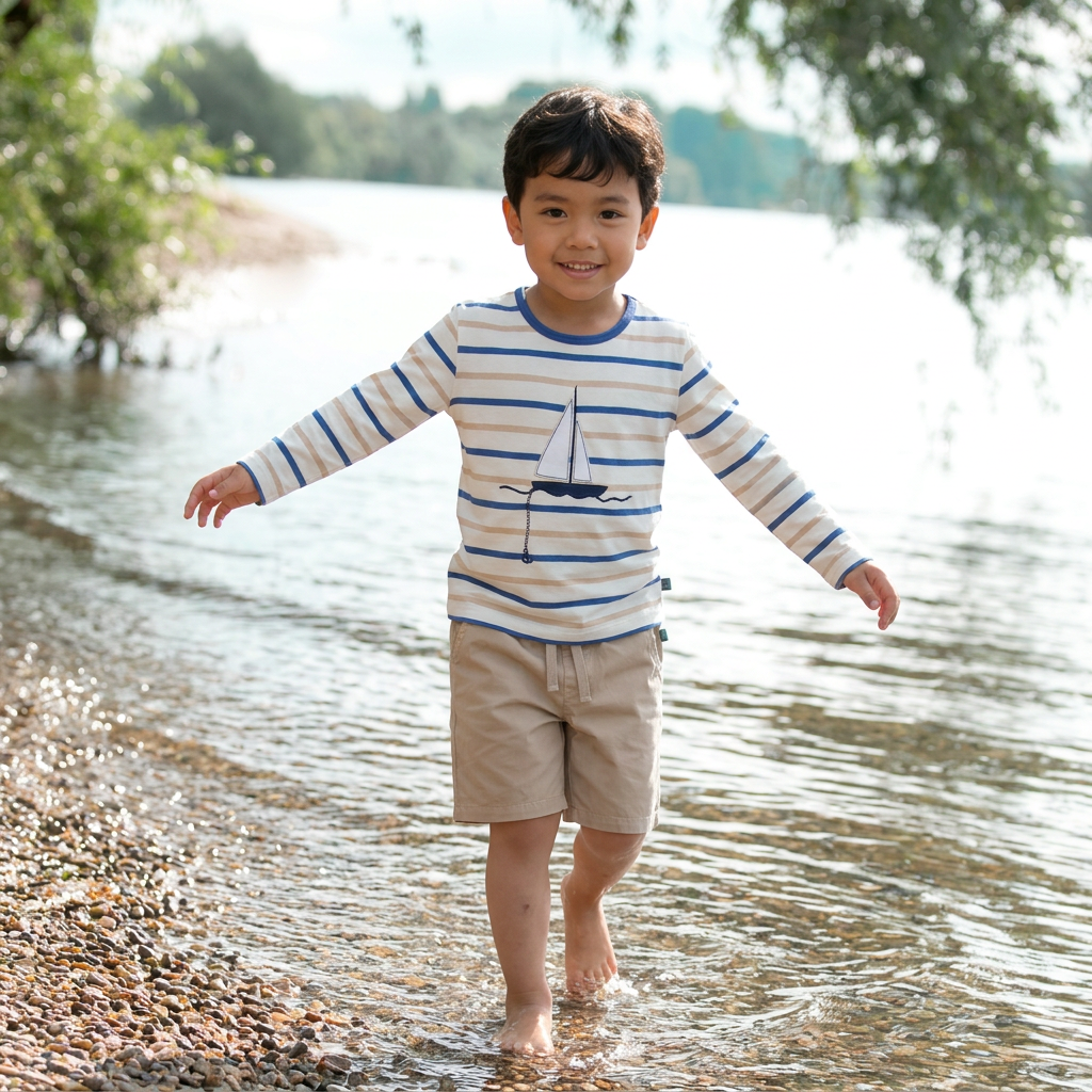 Langarmshirt mit Streifen und Segelbootapplikation in white-sky blue