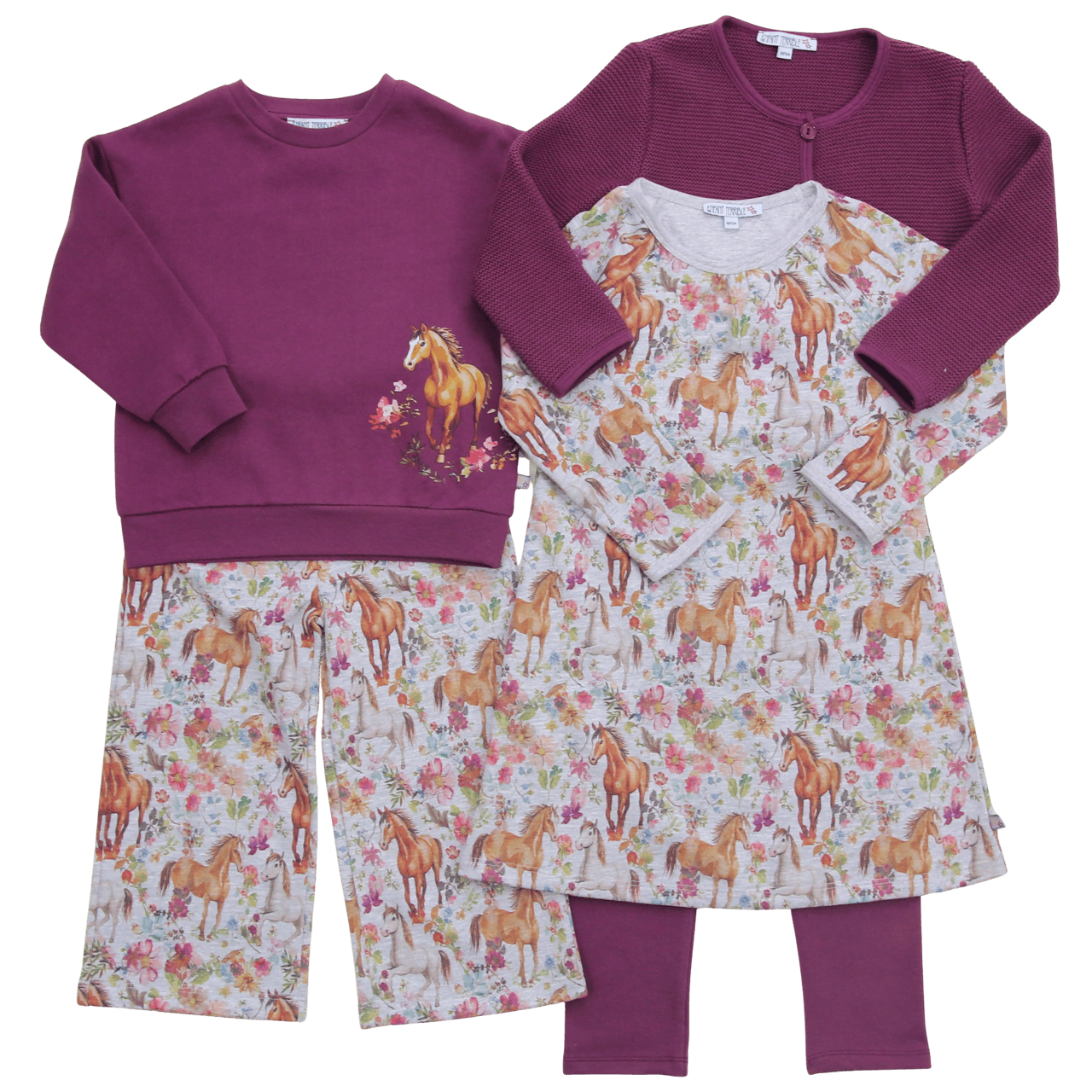 Sweathose mit Pferdedruck in greymelange-aubergine