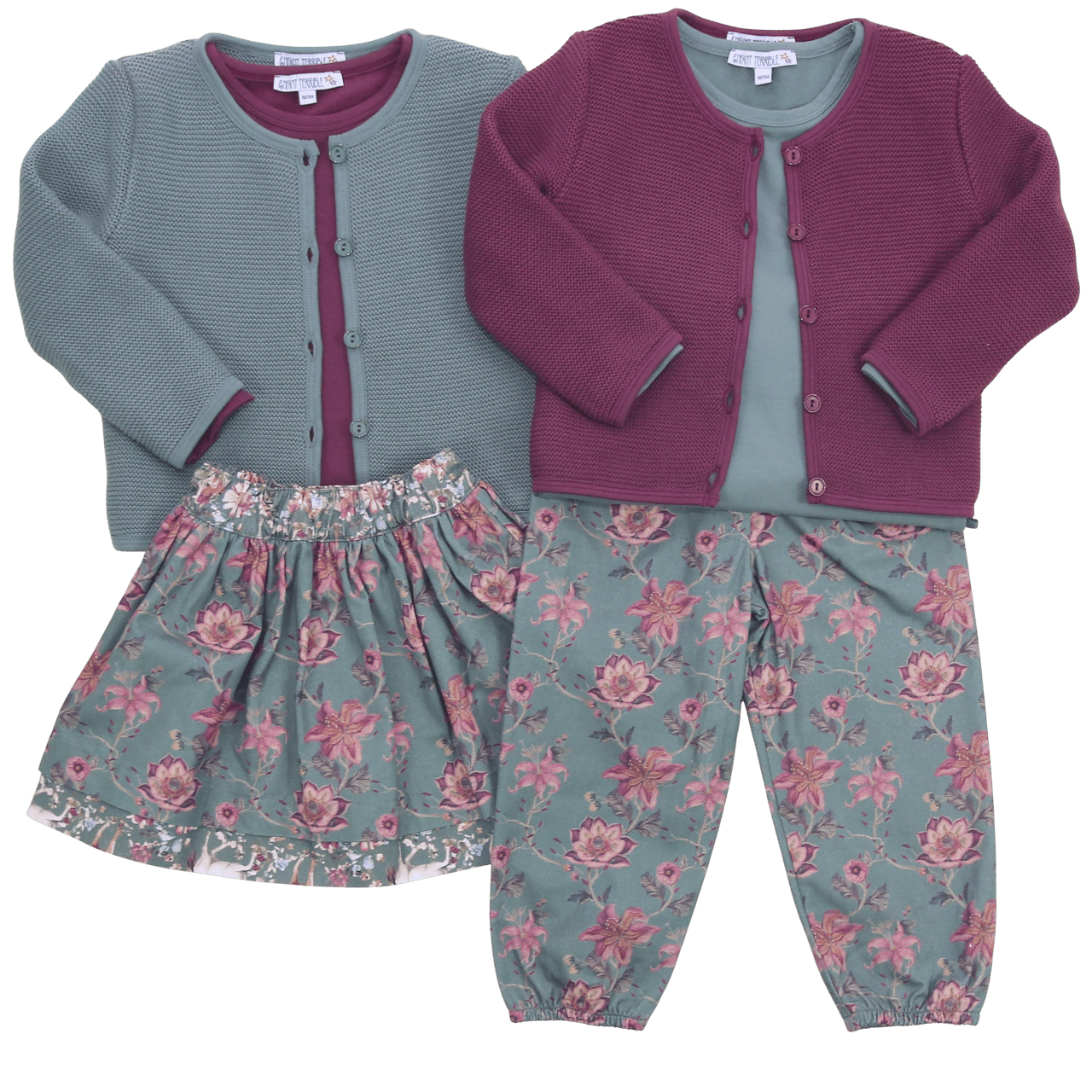 Hose mit Jerseyfutter und Blumendruck in pistachio-aubergine
