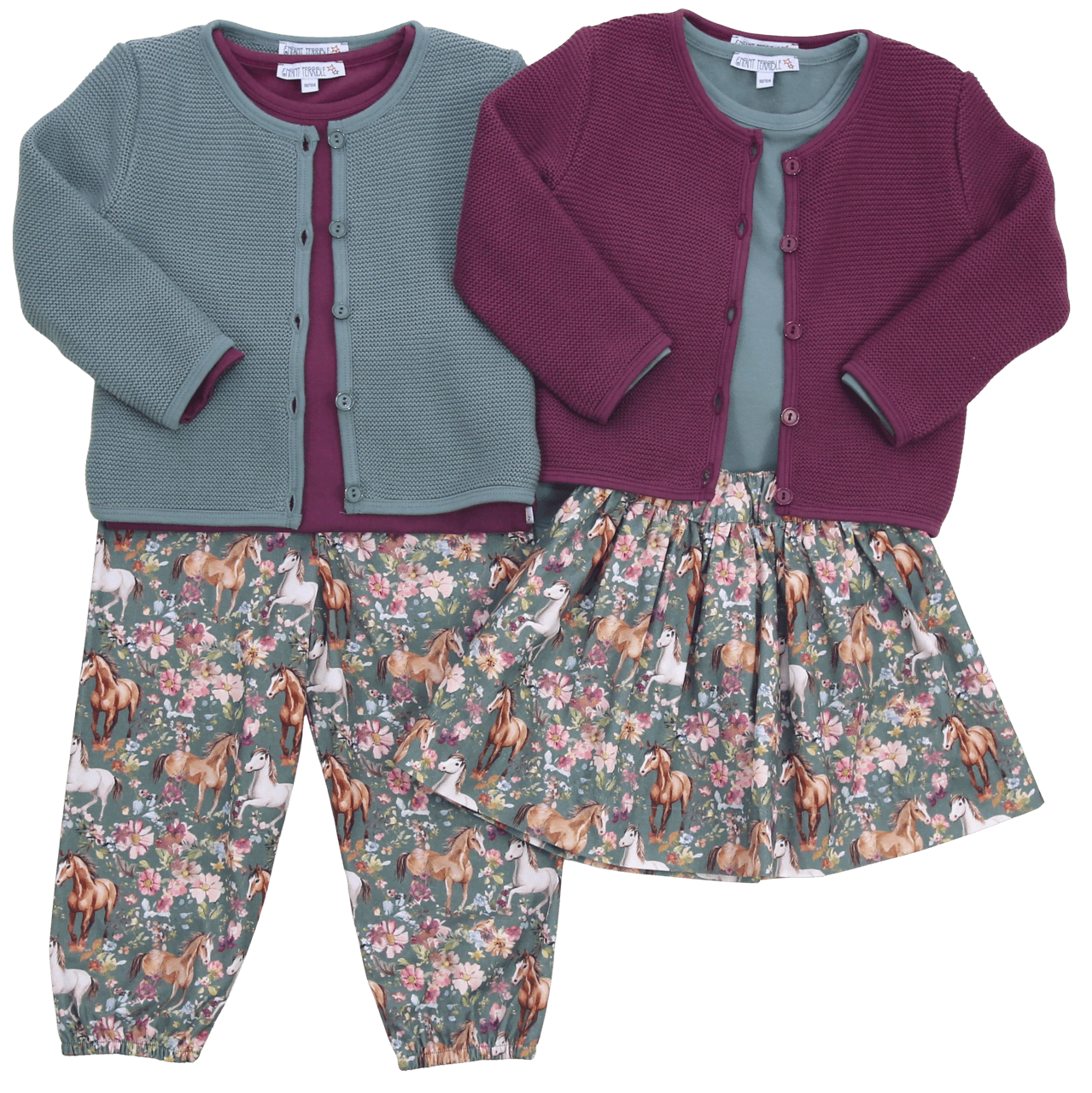Hose mit Jerseyfutter und Pferdedruck in moss-aubergine