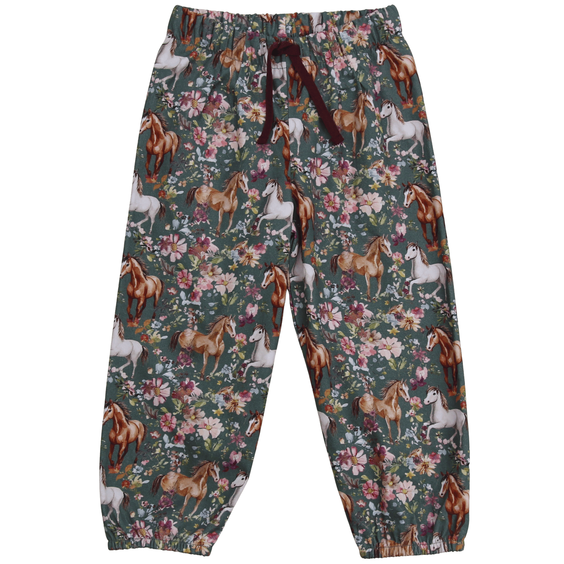 Hose mit Jerseyfutter und Pferdedruck in moss-aubergine