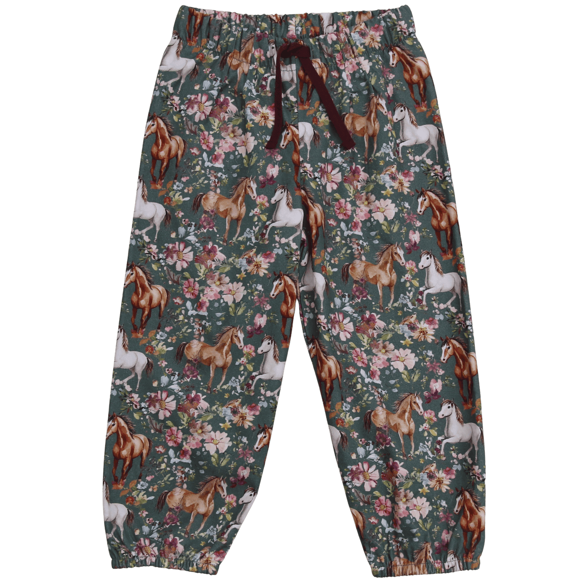 Hose mit Jerseyfutter und Pferdedruck in moss-aubergine